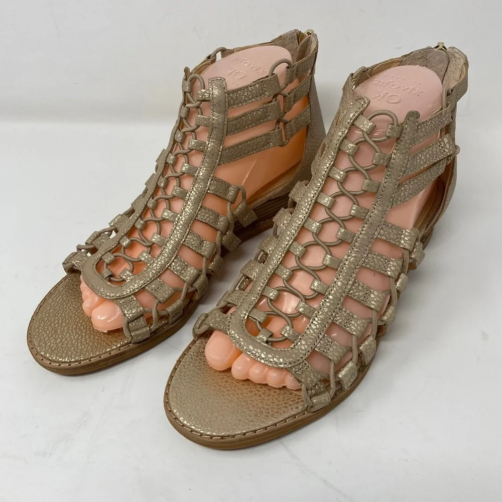 Vince Camuto Women 8W Richetta Gladiator Wedge Sandals Gold Leather Strappy Cage